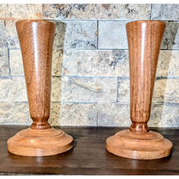 Vintage 1983 Pair of Hand Turned Wood Tapered Candlestick Holders 5 inches - Picture 1 of 3